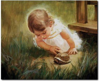 69% OFF on Stybuzz Little Baby Girl Playing With Turtle Canvas Art