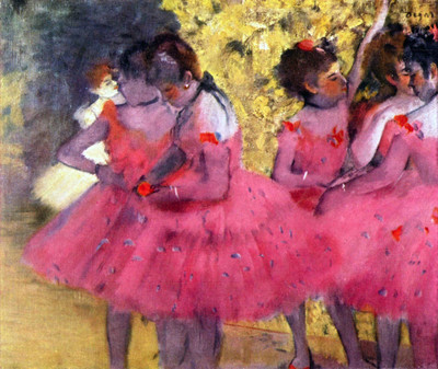 Dancers in pink between the scenes Large by Degas