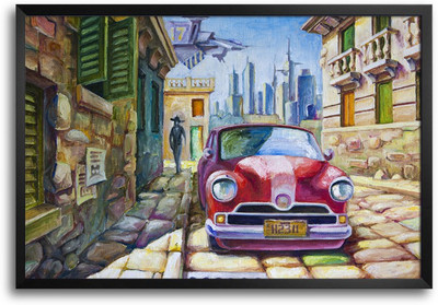 46% OFF on Vintage Car on Street Crayon Painting Laminated Framed Paper Print