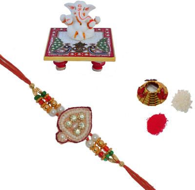 ECraftIndia Design Designer Rakhi Multicolor, 1 Designer Single Rakhi, 1 Roli Tikka Matki, 1 Lord Ganesha On Marble Chowki