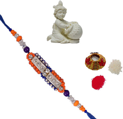 ECraftIndia Single Rakhi With Laddu Gopal Statue And Roli Tikka Matki Design Designer Rakhi Multicolor, 1 Designer Single Rakhi, 1 Roli Tikka Matki, 1 Laddu Gopal Statue