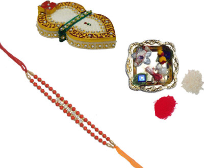 ECraftIndia Design Designer Rakhi Multicolor, 1 Designer Single Rakhi, 1 Decorative Pooja Plate, 1 Leaf Design Marble Chopra