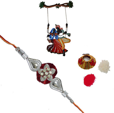 ECraftIndia Single Rakhi With Radha Krishna On Swing Wall Hanging And Roli Tikka Matki Design Designer Rakhi Multicolor, 1 Designer Single Rakhi, 1 Roli Tikka Matki, 1 Radha Krishna On Swing Wall Hanging