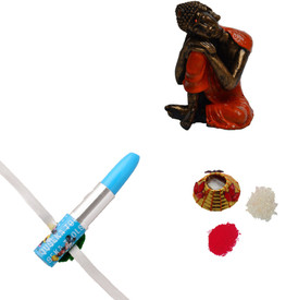 ECraftIndia Resting Buddha On Knee And Roli Tikka Matki With Design Kids Rakhi (Multicolor, 1 Kids Rakhi, 1 Roli Tikka(Roli And Rice) Matki, 1 Resting Buddha On Knee)