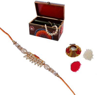 ECraftIndia Single Rakhi With Kundan Jewellery Box And Roli Tikka Matki Design Designer Rakhi (Multicolor, 1 Designer Single Rakhi, 1 Roli Tikka Matki, 1 Kundan Jewellery Box)