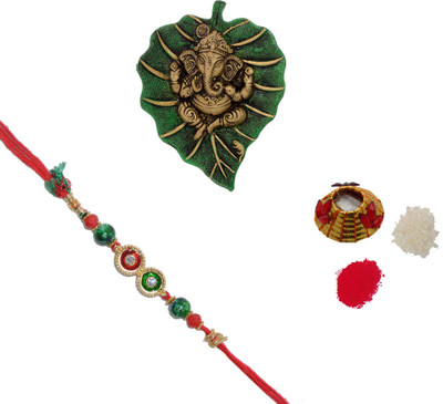 ECraftIndia Design Designer Rakhi (Multicolor, 1 Designer Single Rakhi, 1 Roli Tikka Matki, 1 Lord Ganesha On Green Leaf)