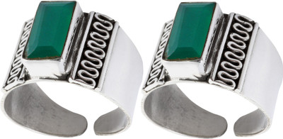 Exotic India Green Sterling Silver Onyx Toe Ring Set