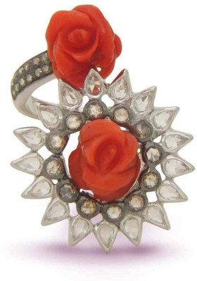 23% OFF on Velvetcase Coral Rose Diamond Silver Ring