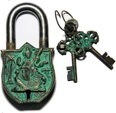 Unravel India Saraswati Brass Safety Lock Black, green-105 Unravel India Saraswati Brass Safety Lock Black, green-105