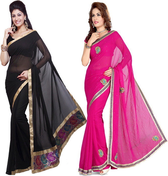 Ishin Self Design, Solid Embroidered Embellished Georgette Sari