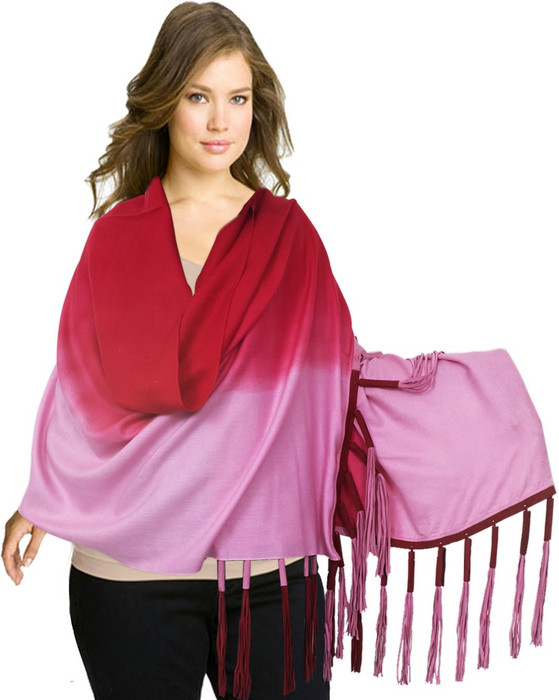 Super Drool Red And Pink Ombre Silk Pashmina With Fancy Leather Fringes Pashmina Solid Women's Shawl