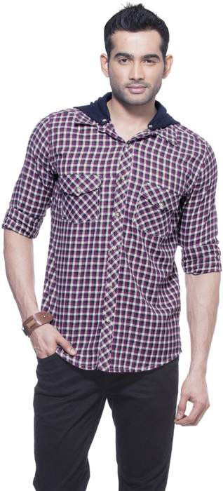 Zovi Regular Fit Magenta And White Flannel Shirt With Detachable Hood Men's Checkered Casual Shirt