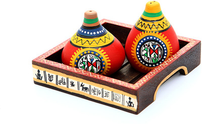 Indikala Terracotta Warli Handpainted Salt & Pepper Shaker With Tray Showpiece - 3.5 cm Indikala Terracotta Warli Handpainted Salt & Pepper Shaker With Tray Showpiece - 3.5 cm