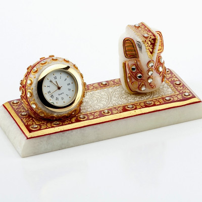 11% OFF on Aapno Rajasthan Marvel In Marble - Gold Embossed Lord Ganesh With Watch Showpiece - 7.62 cm