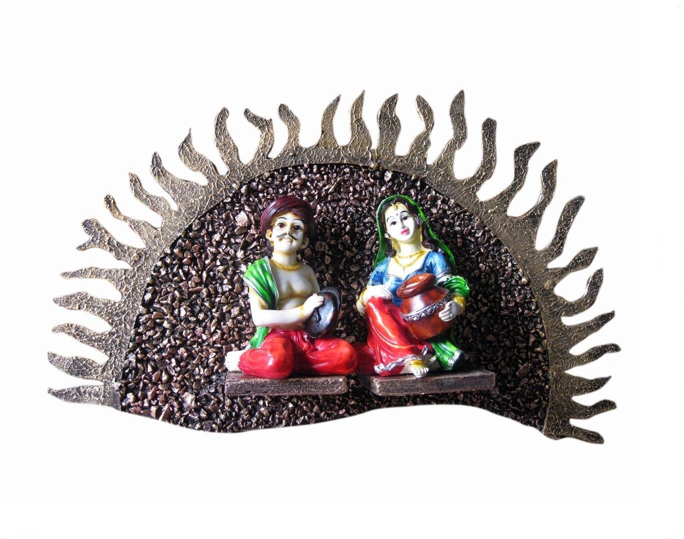 Krafthub Rajasthani Couple In Rising Sun-Shape Frame Showpiece - 41 cm Krafthub Rajasthani Couple In Rising Sun-Shape Frame Showpiece - 41 cm