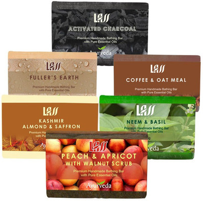 Lass Naturals Scrub Pack Of Soaps ( Activated Charcol,Almond And Saffron Milk,Peach And Apricot,Neem And Basil,Coffee And Oat,fullers Earth ) (750 G)