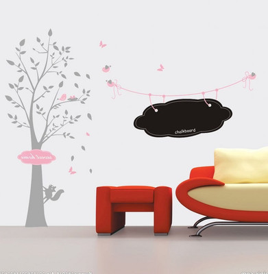 80% OFF on Uberlyfe Chalkboard With Grey Tree, Pink Birds And Butterflies Pigmented Polyvinyl Films Imported Sticker Pack of 1