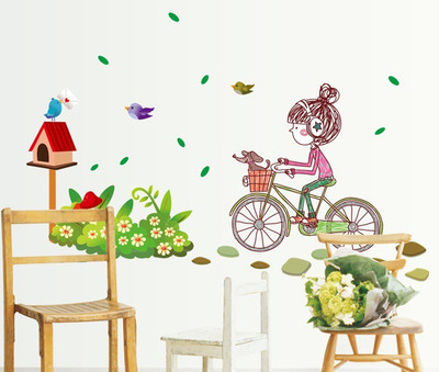 54% OFF on Asmi Collections Little Girl on Bycycle Wall Sticker Pack of 1
