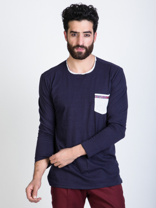 Mr Button Blue Full Sleave With Patch Pocket Solid Men's Round Neck T-Shirt
