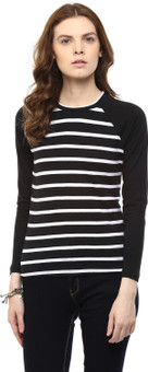 Hypernation Striped Women's Round Neck Black, White T-Shirt