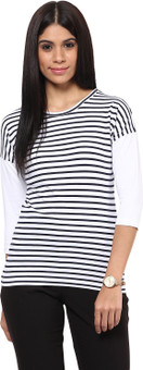 Hypernation Striped Women's Round Neck Blue, White T-Shirt - TSHEGKRZNAX7T6AF