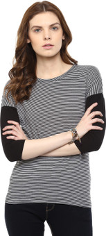 Hypernation Striped Women's Round Neck Black, White T-Shirt