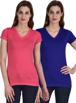 Youthen Solid Women's V-neck Blue, Pink T-Shirt Pack Of 2