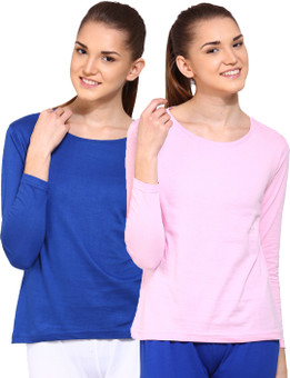 Ap'pulse Solid Women's Round Neck Blue, Pink T-Shirt Pack Of 2