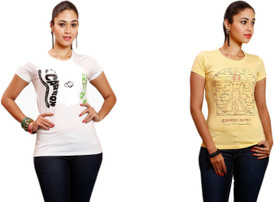 Yaari Printed Women's Round Neck Yellow, White T-Shirt Pack Of 2
