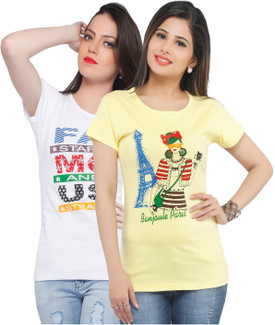Jazzup Printed Women's Round Neck Yellow, White T-Shirt Pack Of 2