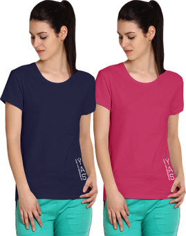 Yogaandsportswear Printed Women's Round Neck Blue, Pink T-Shirt Pack Of 2