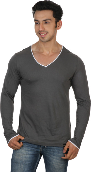 Rigo Light Grey Slim Fit White Piping Solid Men's V-neck T-Shirt