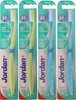 Jordan Click Gum Protector Soft Toothbrush Pack of Four - 5 Green, Light Blue Jordan Click Gum Protector Soft Toothbrush Pack of Four - 5 Green, Light Blue