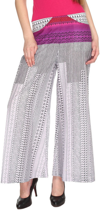 Fashion205 Casual Black And White Printed Cotton Palazzo Regular Fit Women's Trousers - TROE77333RK2JEGZ