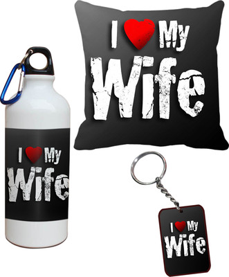 55% OFF on Tiedribbons I love Wife Cushion Cover Sipper and Keychains Special Valentine Gift Set