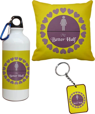 55% OFF on Tiedribbons My Better Half Cushion Cover Sipper and Keychains Special Valentine Gift Set