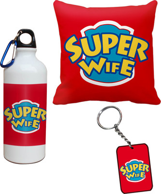 55% OFF on Tiedribbons Super Wife Cushion Cover Sipper and Keychains Special Valentine Gift Set
