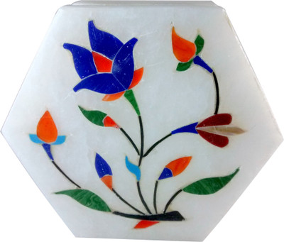 37% OFF on Artist Haat Artist Handcrafted Marble Stone Inlay Grill Work Gifts Blue & Orange Flower Jewellery Vanity Marble Box White