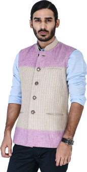 Mr Button Beige Hamp Nehru Jacket With Lavender Yoke Detail Solid Men's Waistcoat