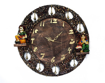 27% OFF on Krafthub Round Wooden with Bells and Stone Work-with statues Analog Wall Clock Copper Brown