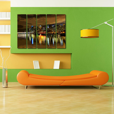 15% OFF on 999Store Multiple Frames Printed Mumbai City like Modern Wall Art Painting - 5 Frames (148 X 76 Cms)