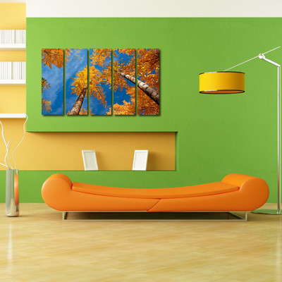 34% OFF on 999Store Multiple Frames Printed Yellow Trees like Modern Wall Art Painting - 5 Frames (148 X 76 Cms)